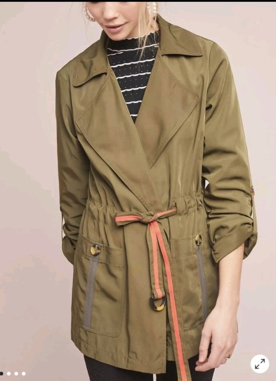 Anthropologie Olive Utility Trench Jacket Size Small Fall Lightweight Jacket